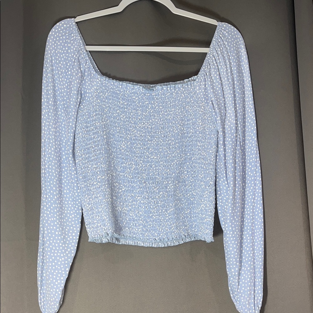 American Eagle Baby Blue White Polka Smocked Square Neck Women's Long Sleeve Top